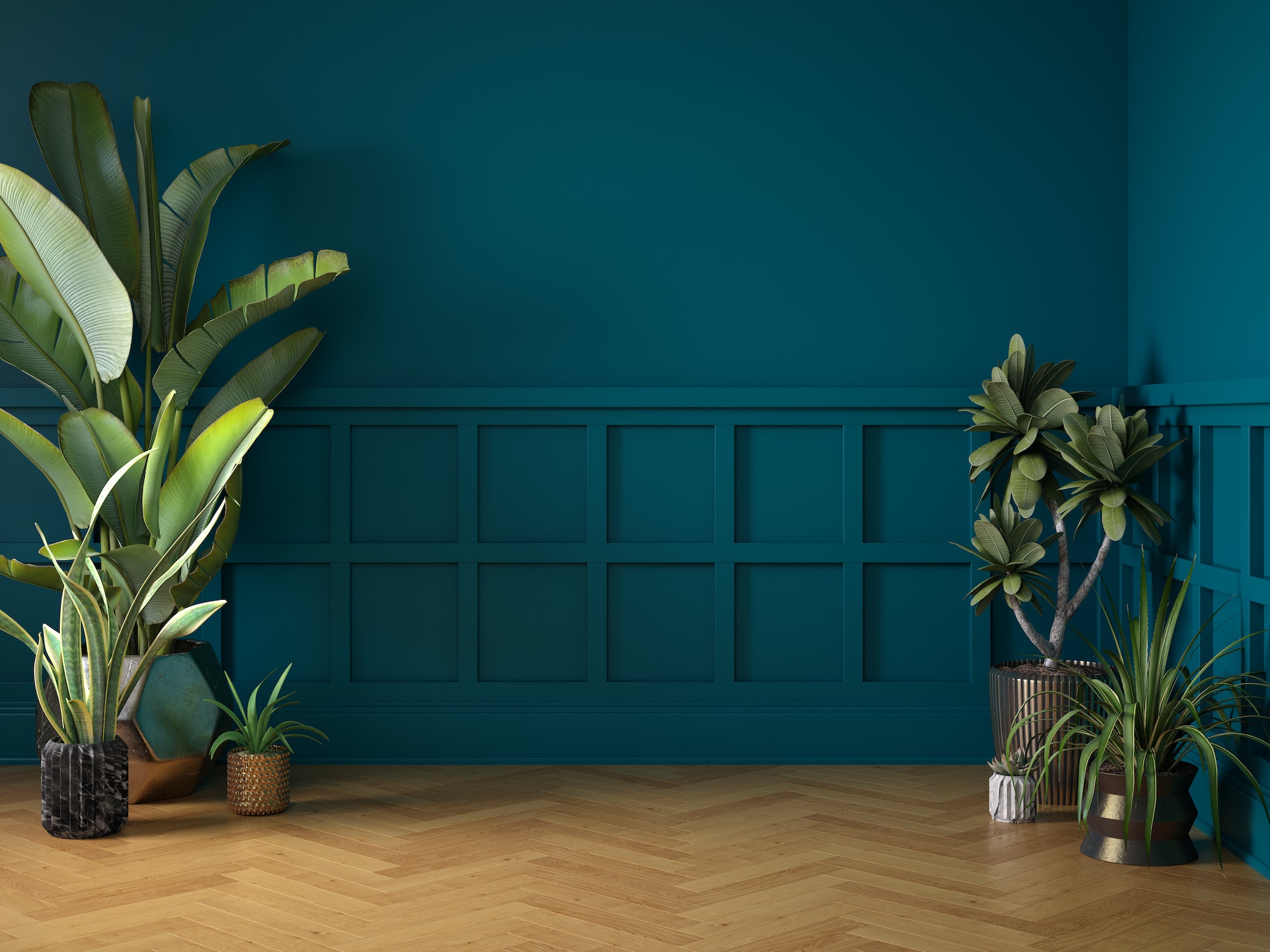Empty classic art deco interior room with plants