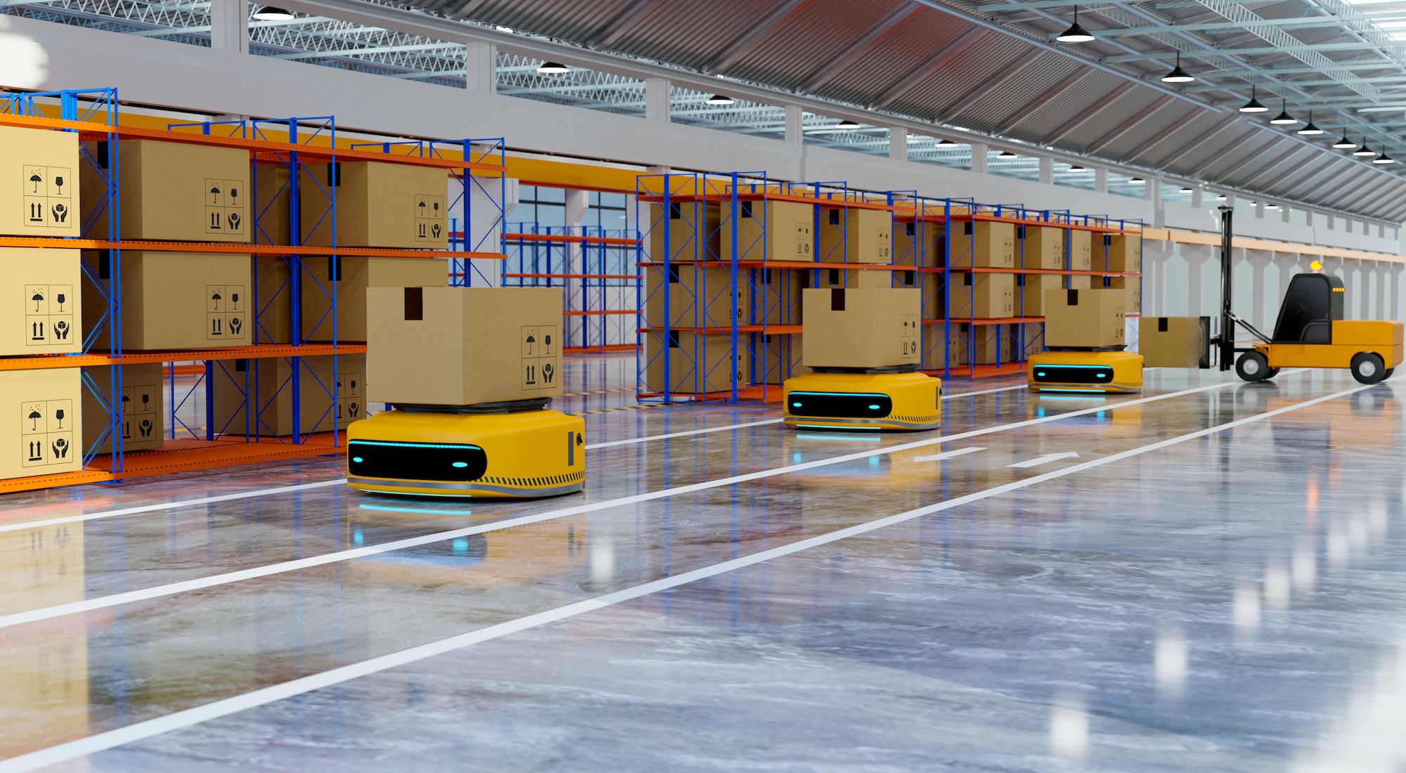 Working transferring robot in factory hall, logistics business and online marketing concept
